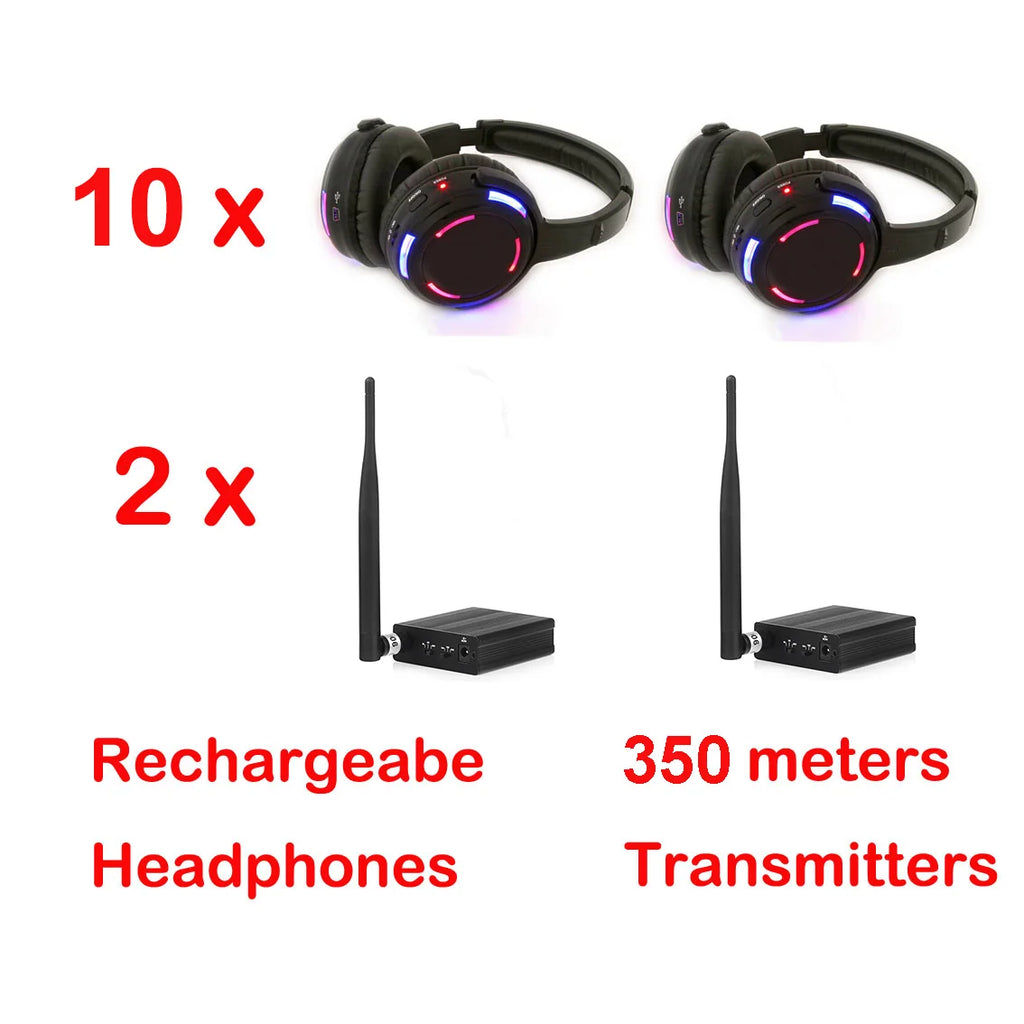 Auriculares Profesionales Inalámbricos RF de 500m de Alcance para Silent Disco con 10 LED y 3 Transmisores - Ideales para DJ, Clubes, Fiestas, Reuniones y Transmisiones