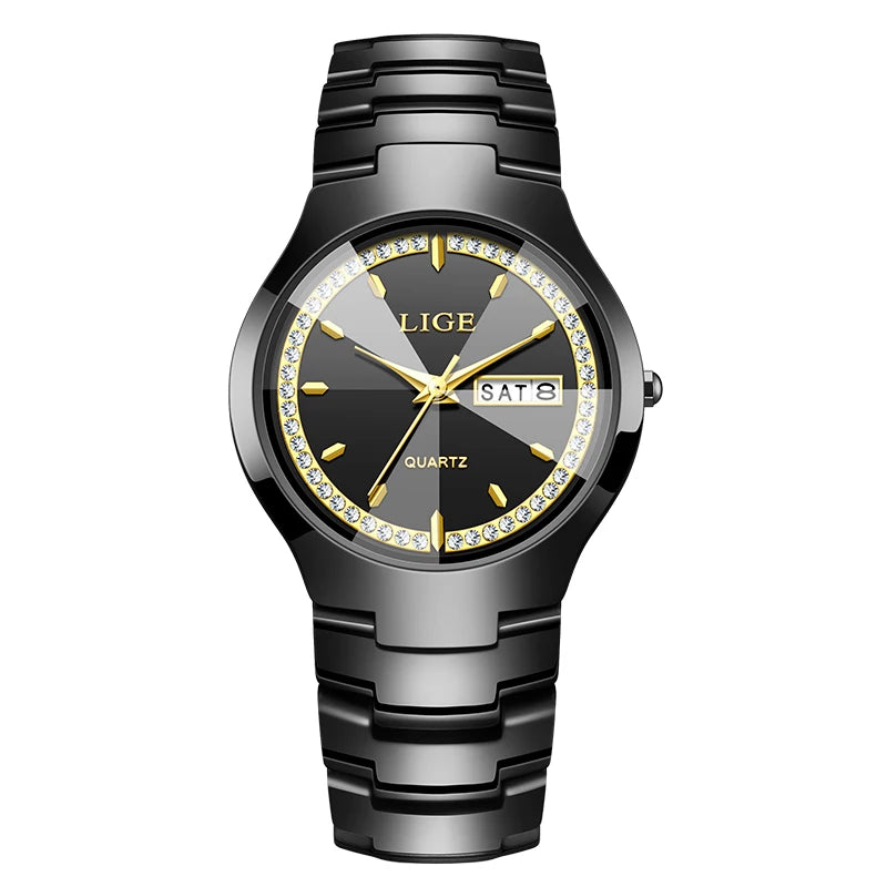 Relojes LIGE de cerámica para hombre con calendario, relojes de pulsera impermeables para mujer, reloj de vestir sencillo con diamantes, reloj de cuarzo con visualización de fecha y día de la semana