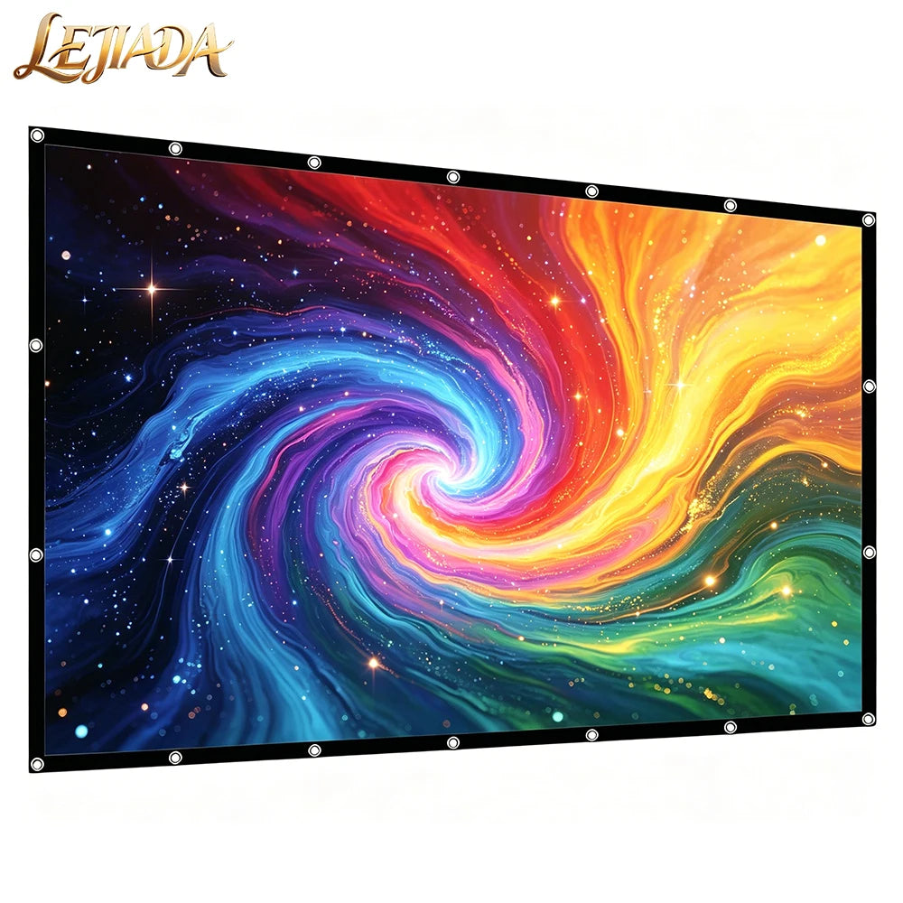 Pantalla de proyección plegable con borde negro y ojales metálicos, formato 16:9