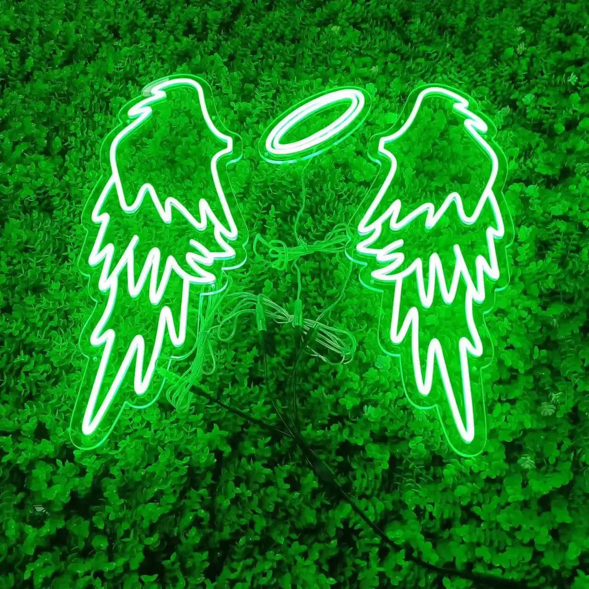 Letrero de neón LED con alas de ángel, luz verde, estilo con halo y brillo