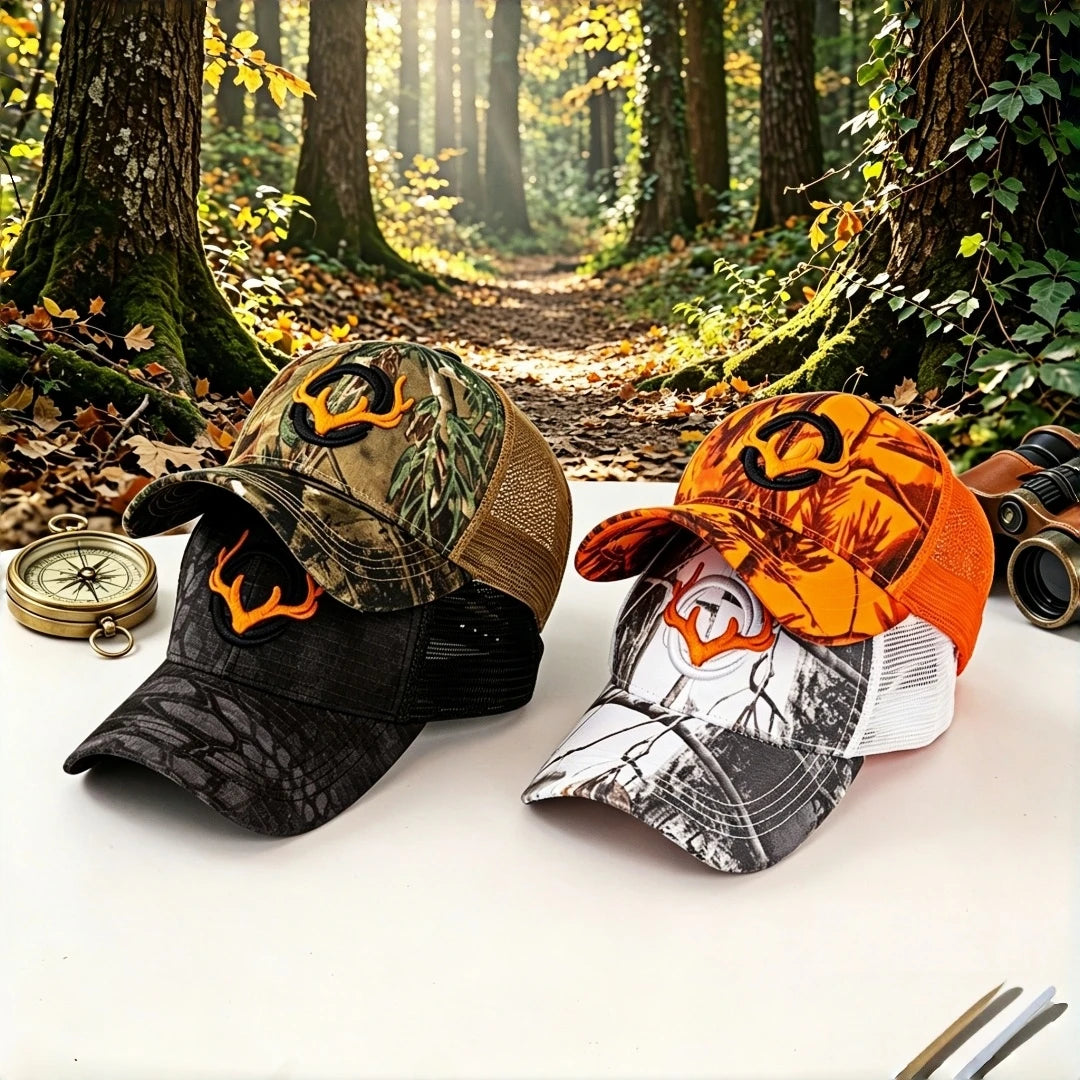 Gorra de camionero de caza con camuflaje de asta de ciervo, bordado para pesca al aire libre, gorra de béisbol de malla para hombres y mujeres