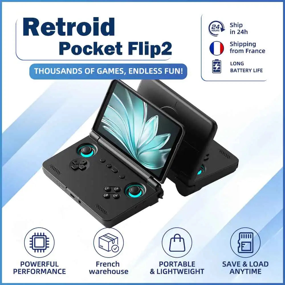 Consola de juegos retro portátil Android Retroid Pocket Flip 2 con pantalla AMOLED de 5.5", diseño plegable, bisagra ajustable de 178°, refrigeración activa y joysticks de efecto Hall
