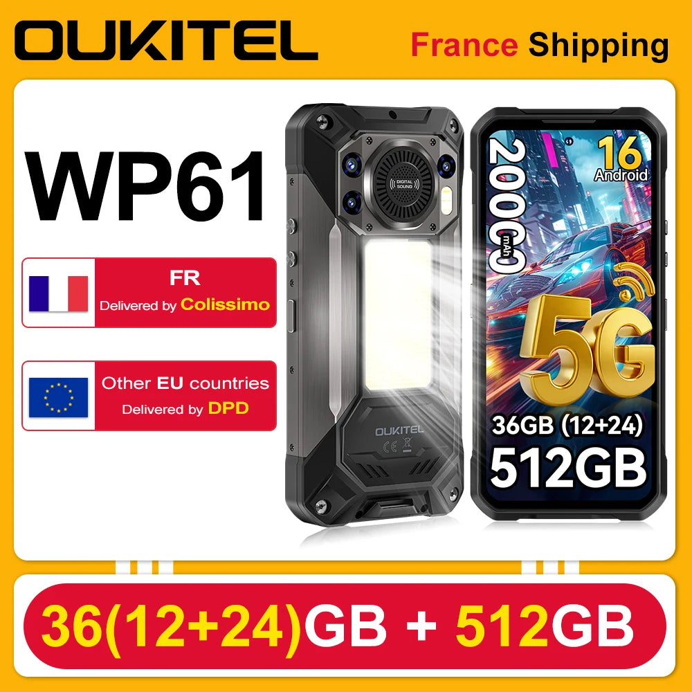OUKITEL WP61, teléfono inteligente resistente 5G con Android, 16 GB de RAM, 36 GB de almacenamiento (12+24) + 512 GB, batería de 20000 mAh, carga rápida de 45 W, cámara de 108 MP, pantalla de 6,78 pulgadas, NFC, 120 Hz, p