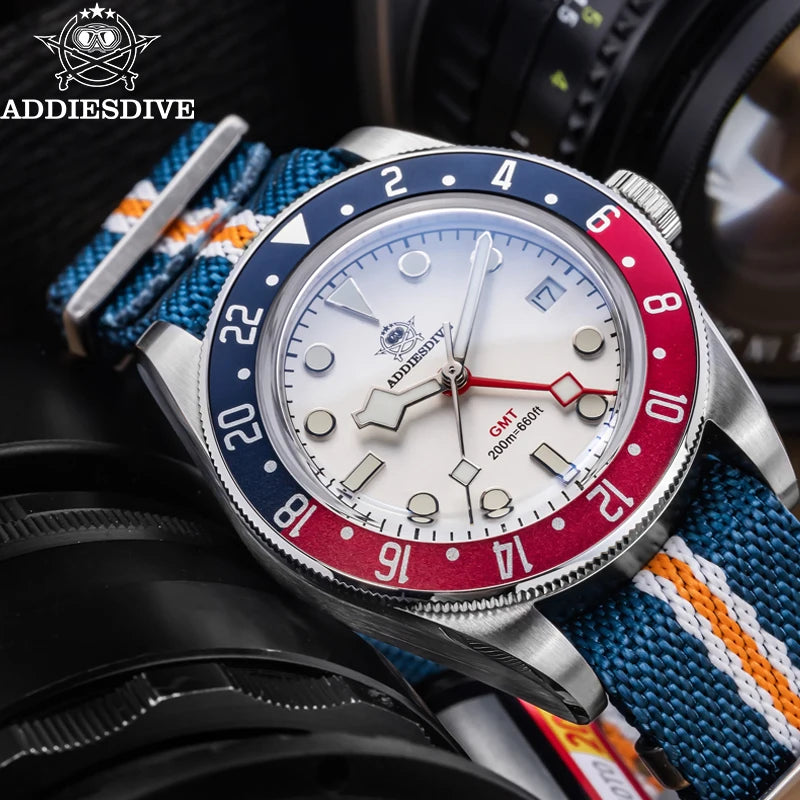 Reloj GMT de lujo para hombre ADDIESDIVE AD2044, cristal de burbuja, cuarzo suizo Ronda, reloj de negocios para hombre, resistente al agua 200 m, luminiscencia BGW9