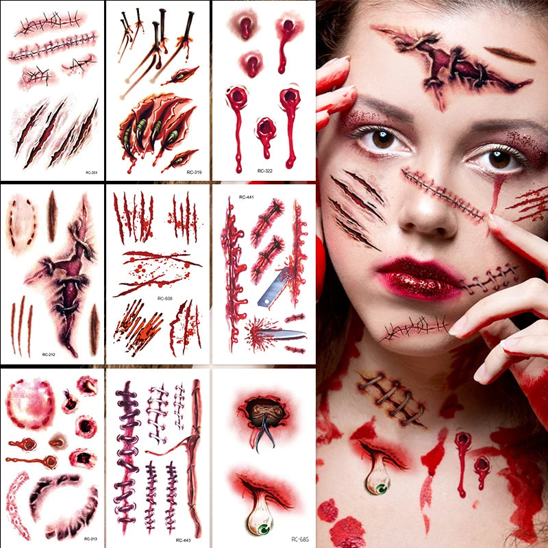 32 Uds. Tatuajes temporales de cicatriz falsa 3D de Halloween-diseños de heridas sangrientas y zombis para cara/cuerpo, fiesta de disfraces, broma y Cosplay