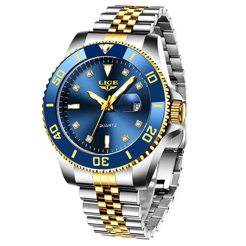 LIGE Men Quartz Watch Green Waterproof Watch for Men Stainless Steel Quartz Men Luxury Watch Luminous Wristwatch Reloj Hombre
