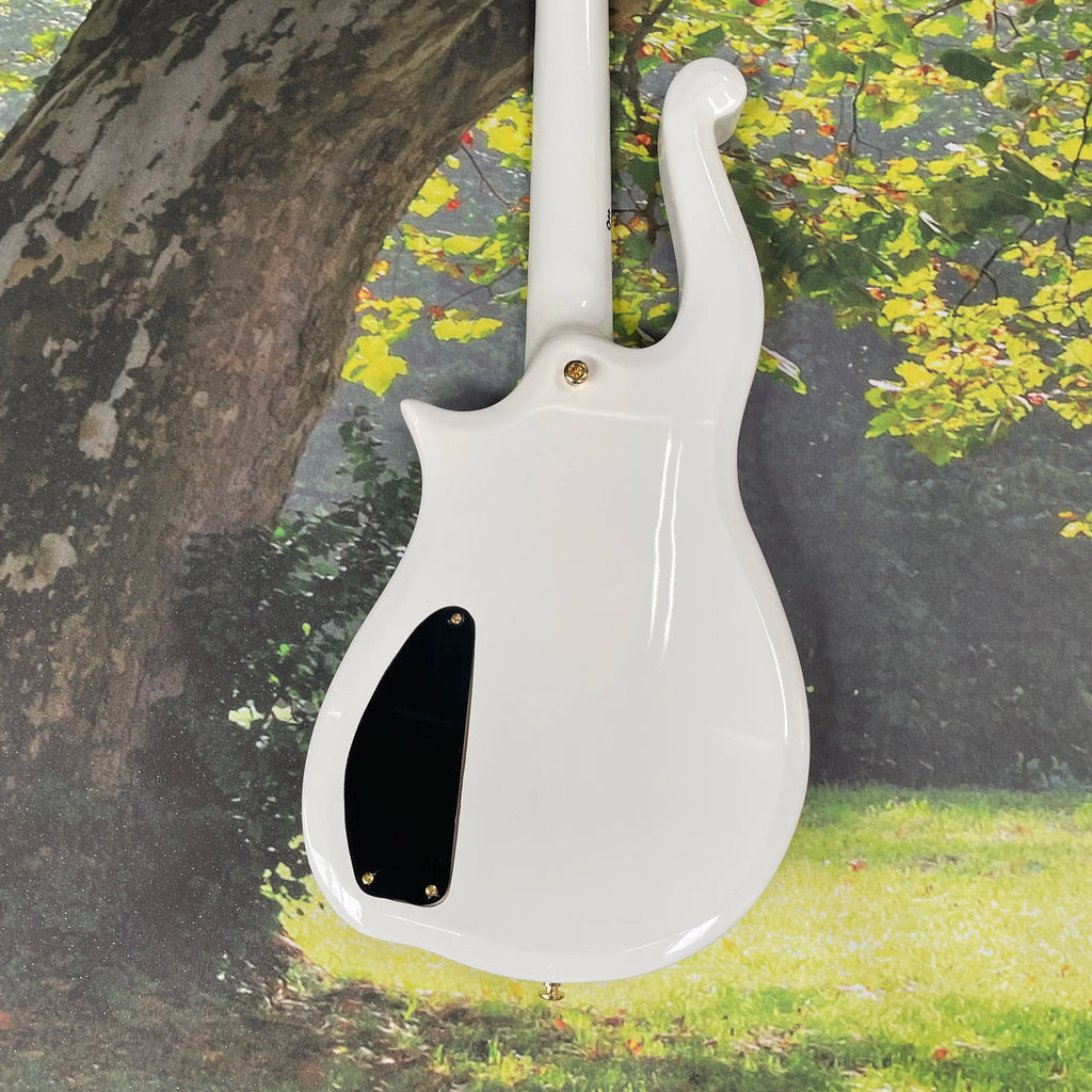 Guitarra eléctrica minimalista de lujo en blanco puro, cuerpo de palisandro con herrajes chapados en oro, guitarra eléctrica de rock.