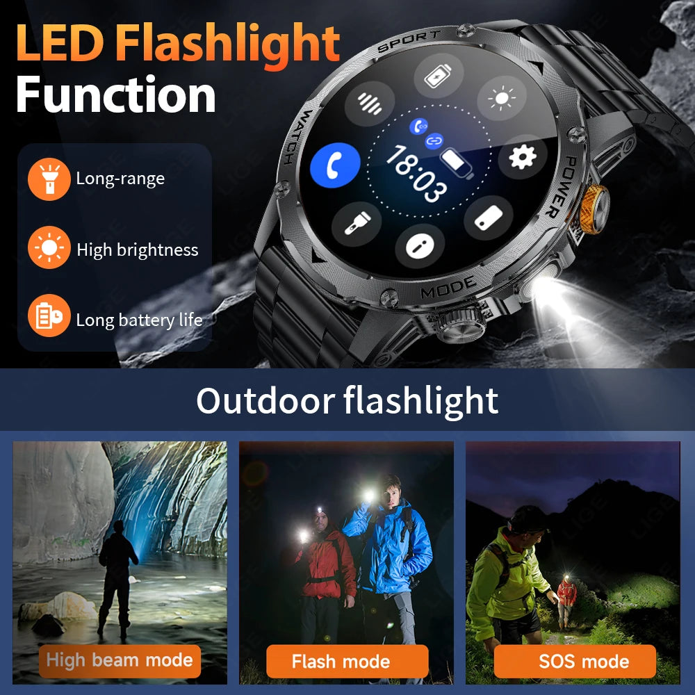 LIGE Nuevo reloj inteligente para hombre con batería de gran capacidad de 1000 mAh, linterna exterior, llamadas Bluetooth, resistente al agua, reloj inteligente deportivo de fitness