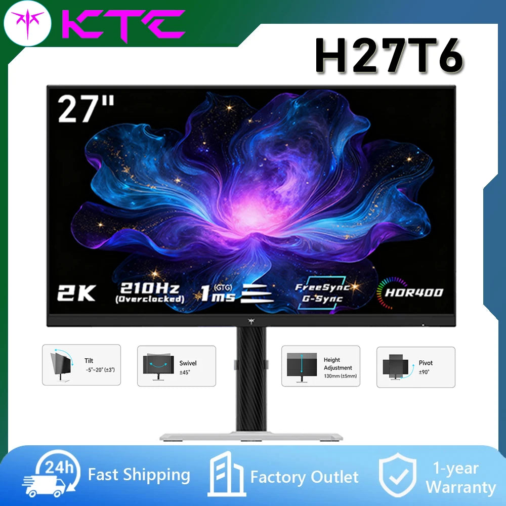 Monitor para Juegos KTC H27T6 de 27 Pulgadas, 2K QHD 2560x1440, 210Hz, IPS Rápido, HDR400, 1ms GTG, Compatible con FreeSync y G-Sync, Soporte Giratorio Ajustable en Altura, Cuidado Ocular con Luz Azul Baja