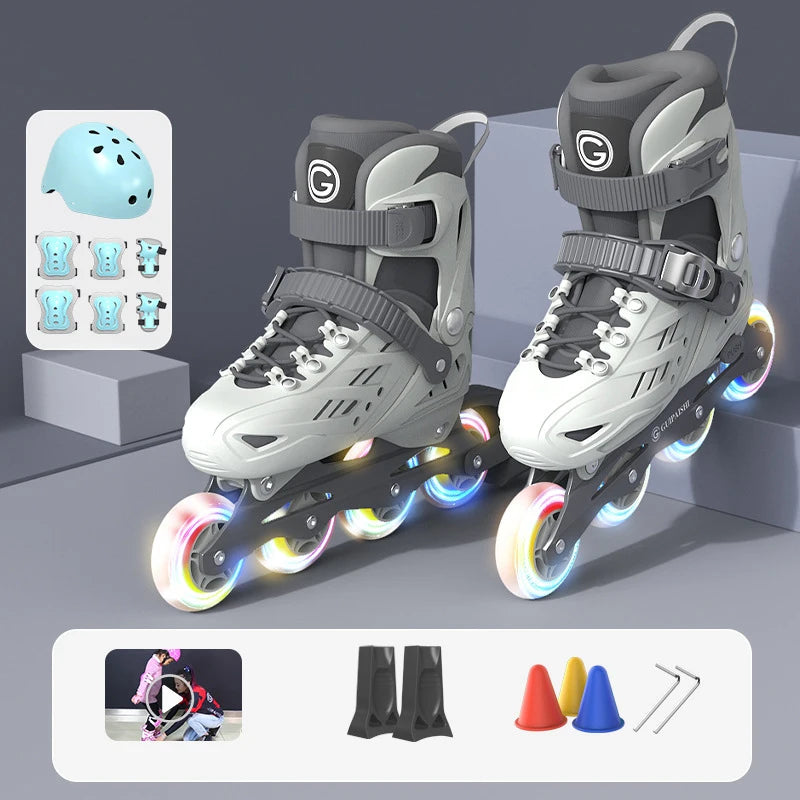 Patines en Línea con 4 Ruedas y Luces Intermitentes, con Juego Completo de Protección, Casco, Rodilleras, Coderas, Bolsa de Transporte, Talla Ajustable para Niños y Niñas