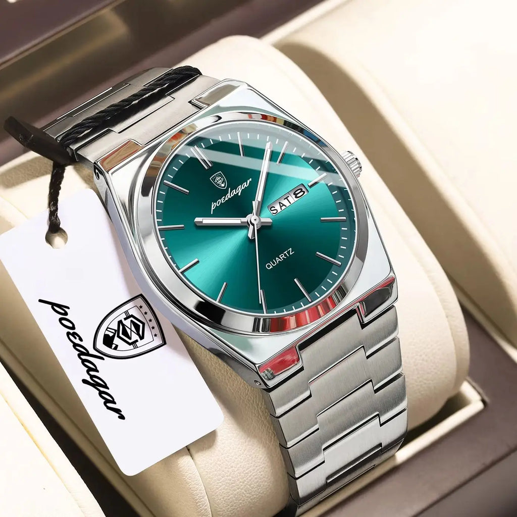 Reloj de pulsera de cuarzo para hombre POEDAGAR, moda de lujo, casual, luminoso, resistente al agua, de acero inoxidable, con indicador de fecha y día