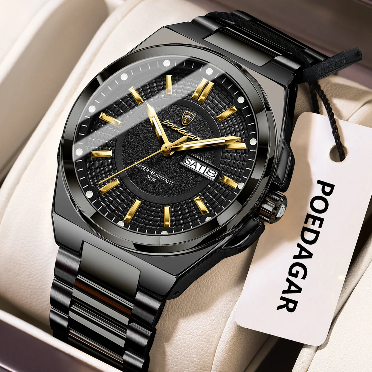 Reloj de pulsera deportivo original POEDAGAR para hombre, de cuarzo, fecha, semana, de lujo, resistente al agua, luminoso, de acero inoxidable