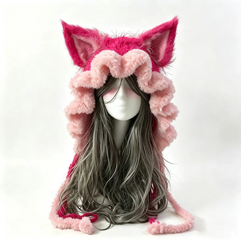 Gorro de Orejas de Zorro Rojo y Negro Tejido a Mano Personalizado para Mujer, Gorro de Punto Suave con Lazos Largos, Estilo Gótico Unisex, Accesorio Cálido de Invierno de Hada Oscura