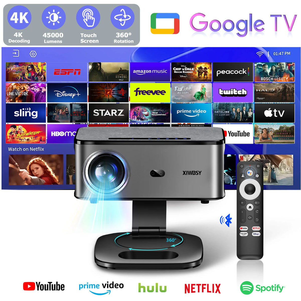 Proyector XIWBSY 45000 Lúmenes Oficial con Google TV, Proyector Portátil 4K Android 14.0, Proyector para Luz Diurna, Video 8K, Cine en Casa