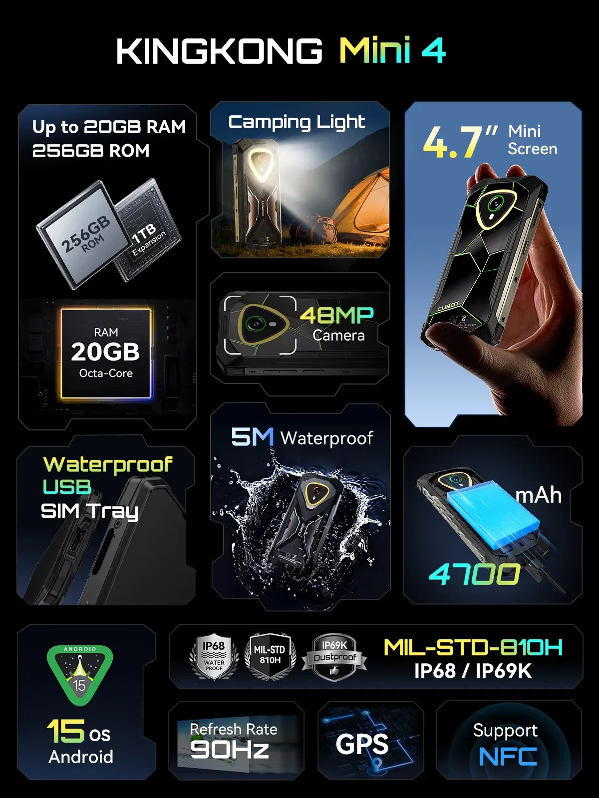 [Shipping From France] Cubot KingKong Mini 4 Android 15 Rugged Smartphone 4.7-Inch  4700mAh 16(6+10)6GB+128GB NFC Camping Light
