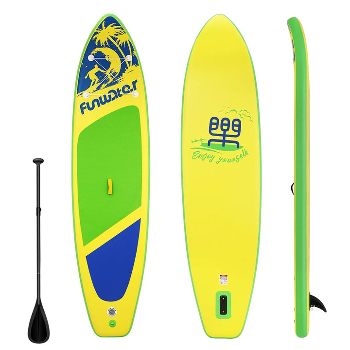 Paddle surf hinchable Funwater SUPFW28D, 350x87x15cm, 190kg+, tabla SUP amarilla, verde y azul con palmeras para rutas por aguas tranquilas, yoga, pesca y escapadas al lago, kit de accesorios incluido