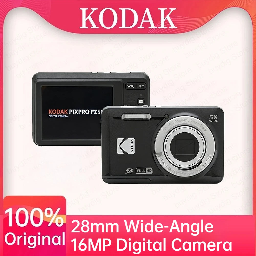 Cámara digital KODAK PIXPRO FZ55 1080P Full HD con video, pantalla LCD de 2.7'', zoom óptico 5X, gran angular de 28 mm, 16MP, para vlogging, paisajes y uso doméstico.