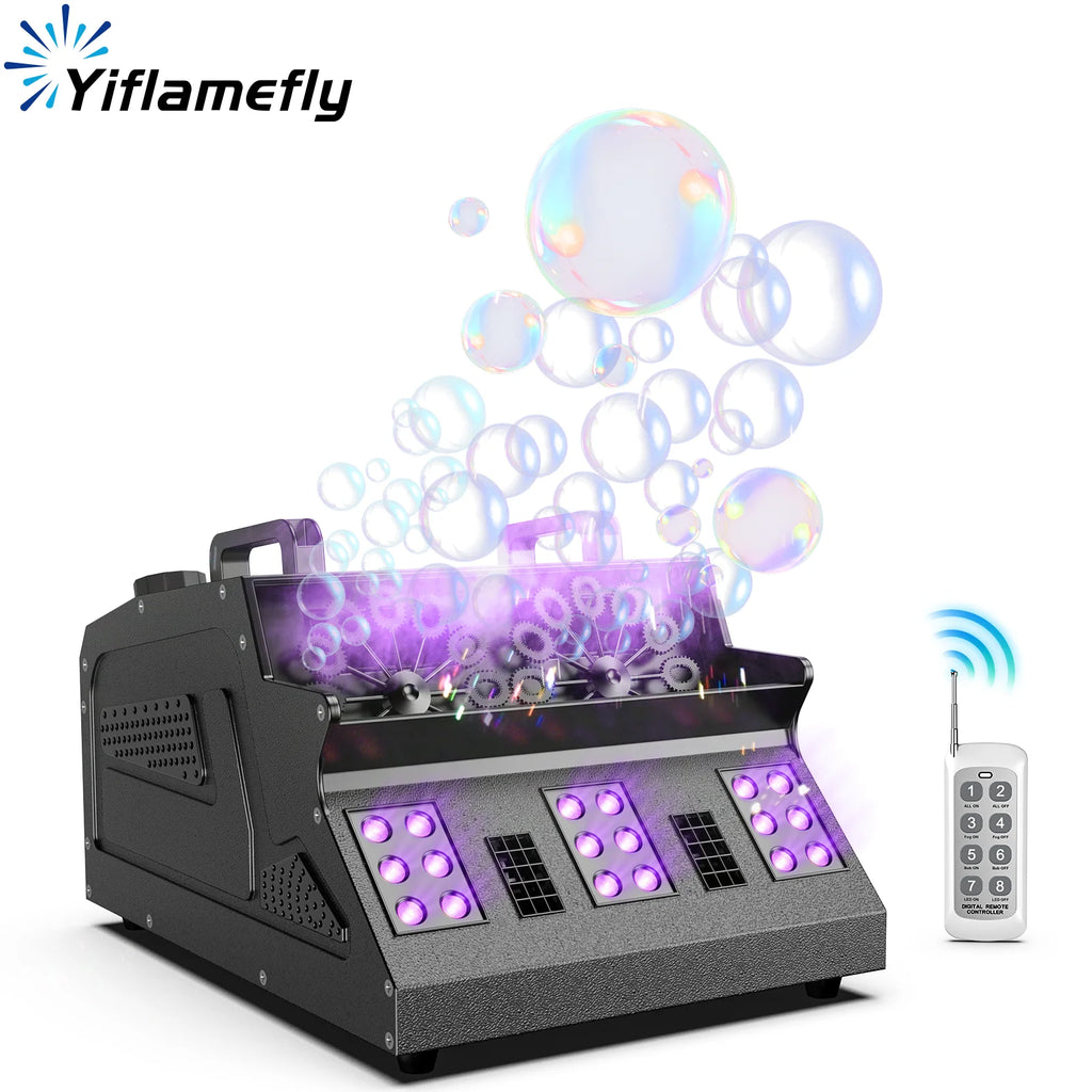 Máquina de humo y burbujas Yiflamefly de 1500 W, 8 luces LED RGB, máquina de humo y burbujas 3 en 1, efectos de iluminación para escenarios, ideal para DJ, bodas, fiestas y espectáculos en bares.
