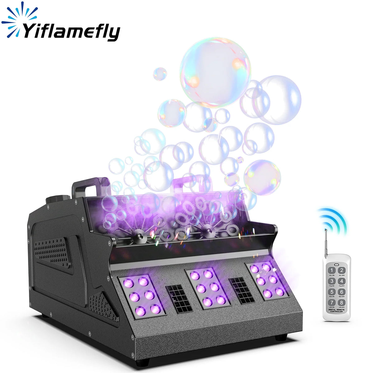 Máquina de humo y burbujas Yiflamefly de 1500 W, 8 luces LED RGB, máquina de humo y burbujas 3 en 1, efectos de iluminación para escenarios, ideal para DJ, bodas, fiestas y espectáculos en bares.