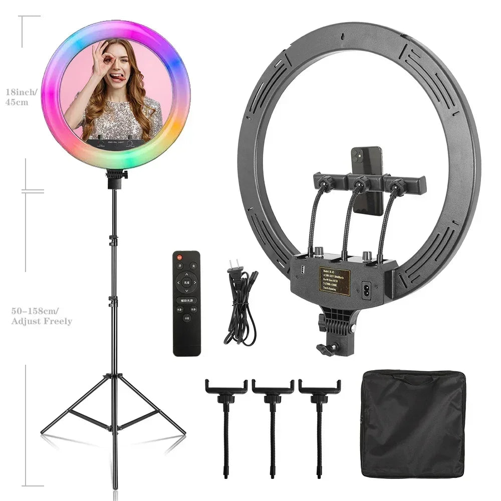 Anillo de Luz LED RGB para Selfies con Trípode, 11 Estilos, 18 Pulgadas (45 cm), Recargable por USB, Regulable, para Estudio Fotográfico