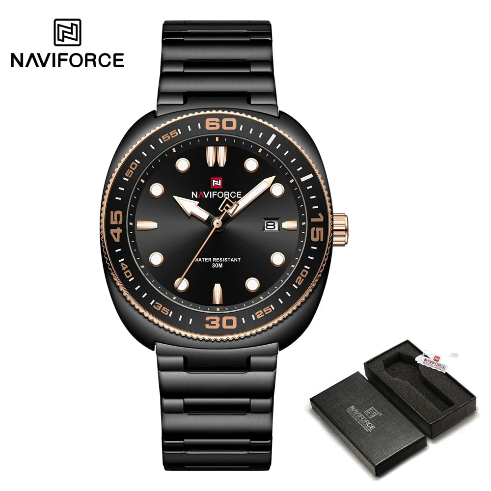 Reloj para hombre NAVIFORCE de lujo, estilo ejecutivo, con fechador, manecillas luminosas, correa de acero inoxidable, movimiento de cuarzo, reloj de marca a la moda