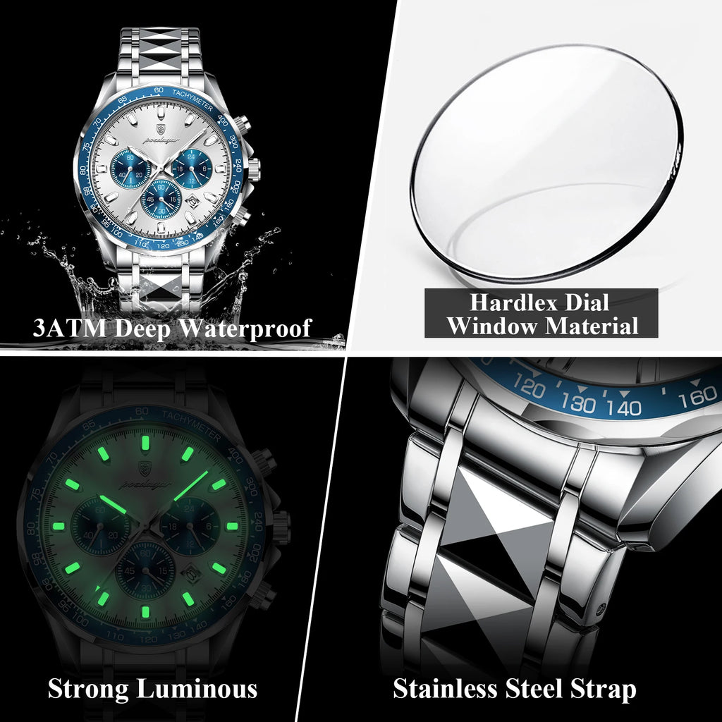Reloj de lujo para hombre POEDAGAR, resistente al agua, luminoso, de acero inoxidable, cronógrafo, con fecha, reloj de cuarzo de negocios para hombre