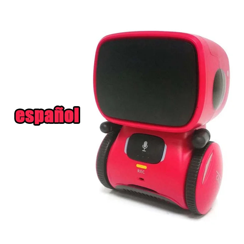 Robot educativo rojo con pantalla negra y módulo central con botón de grabación