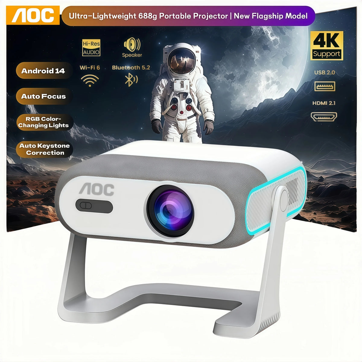 Proyector portátil AOC blanco con lente circular y panel azul en los laterales.
