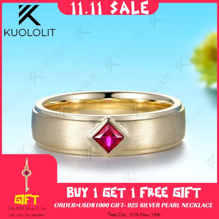Anillo de Boda Kuololit con Rubí Cultivado en Laboratorio, Personalizado para Mujer y Hombre, Oro Amarillo Sólido de 14K, 10K, 585, 6mm, para Regalos de Navidad y Fiestas