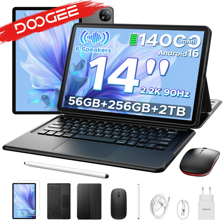 Tablet PC DOOGEE U14 2 en 1 de 14 Pulgadas con Pantalla Incell 2.2K, Gemini Ai, Batería de 14000mAh, 56GB de RAM (8+48), 256GB de ROM, Cámara Principal de 16MP, Widevine L1 Compatible con Tablet PC