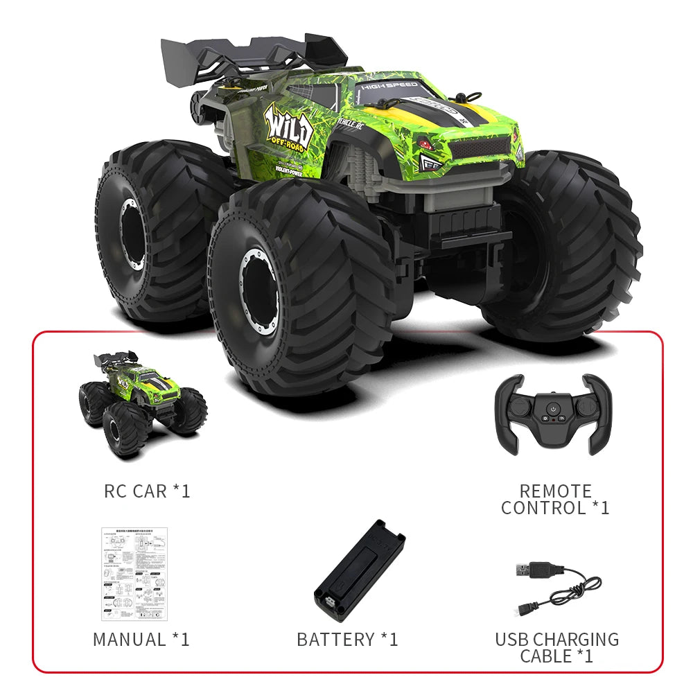 Coche RC verde 4WD con control remoto y accesorios: batería y cable USB