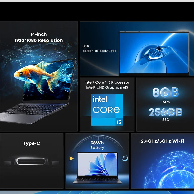 CHUWI CoreBook i3 10100Y  Laptop 8GB RAM 256GB SSD 14-inch Screen UHD Graphics 615 Intel i3 Processors Windows 11 Notebook PC