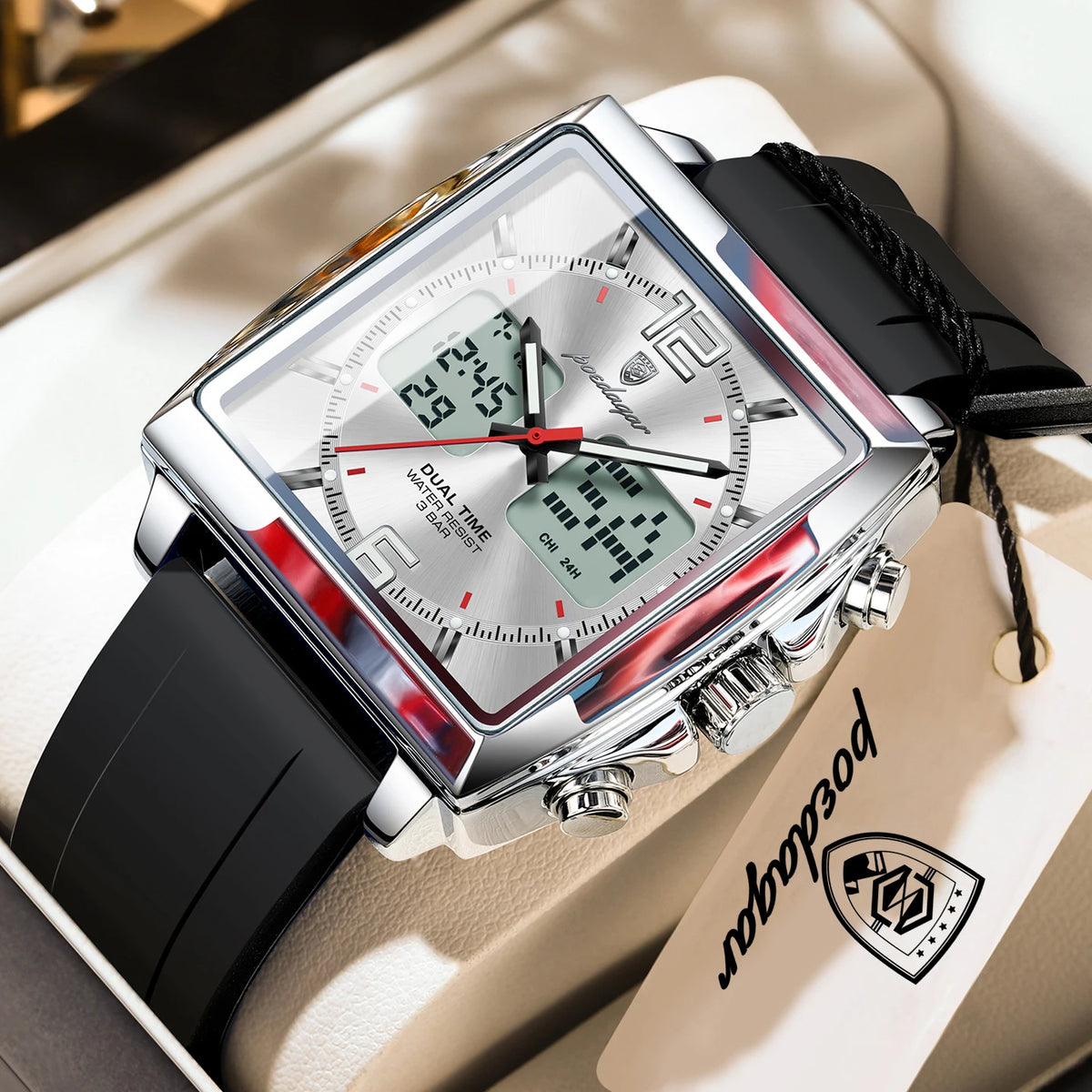 Reloj de pulsera para hombre POEDAGAR Fashion Square, cronógrafo de cuarzo con alarma LED, fecha y día, reloj militar electrónico