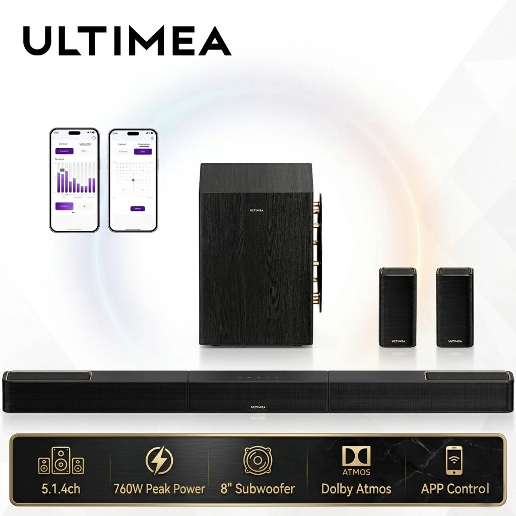 Barra de sonido negra con subwoofer y 2 altavoces traseros inalámbricos, acabado madera