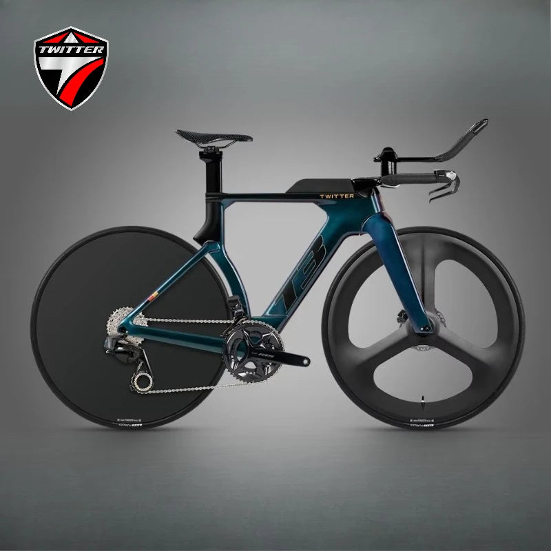 Bicicleta de carretera TWITTER T3 TT Racing de fibra de carbono, con cambio electrónico inalámbrico WheelTop TX-TT7110-2*12S y frenos de disco hidráulicos