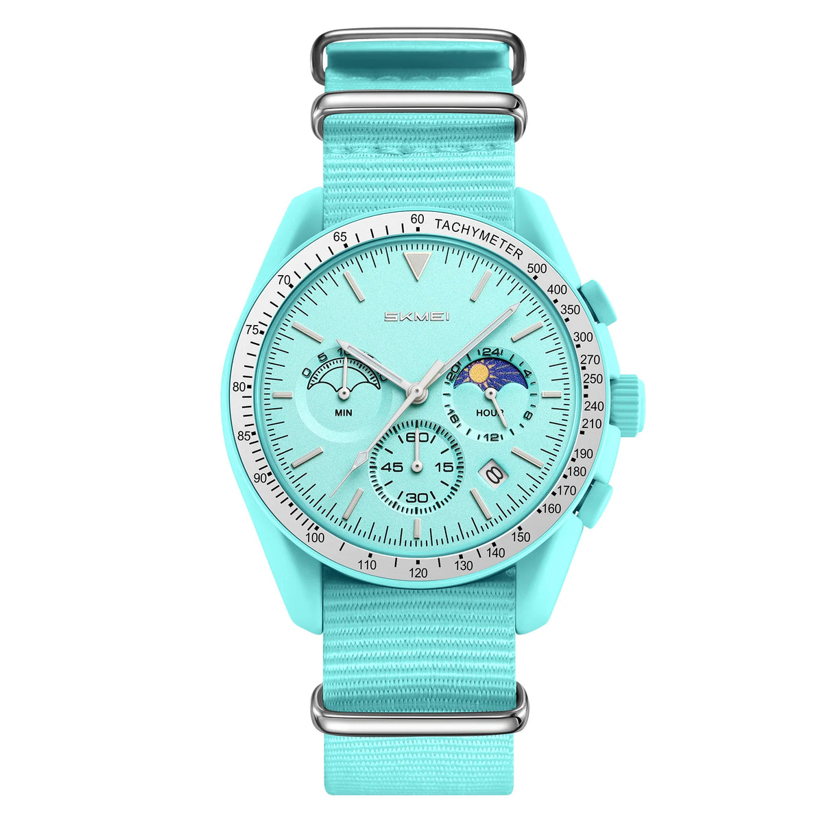 Reloj de cuarzo unisex SKMEI redondo con correa de nailon, fase lunar, cronógrafo, taquímetro, fecha, reloj de pulsera ligero para hombre y mujer 9392