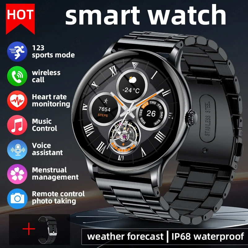 Nuevo reloj inteligente de acero para hombre, llamada Bluetooth, pantalla táctil completa, frecuencia cardíaca, monitoreo de sueño, resistente al agua, reloj inteligente deportivo para mujer