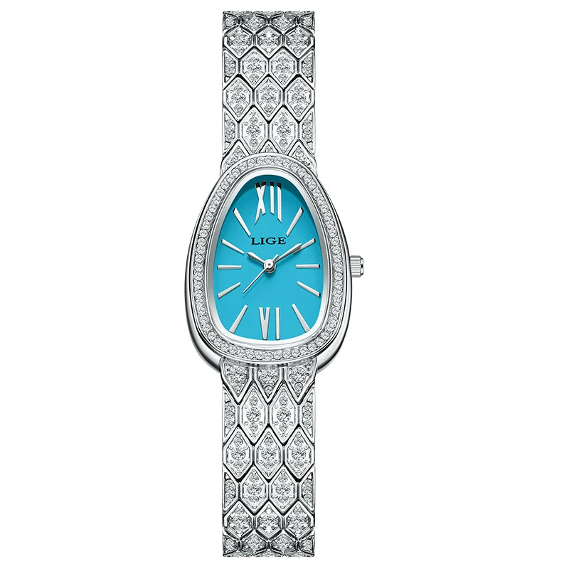 Relojes para mujer LIGE, reloj de pulsera de lujo a la moda, con esfera ovalada incrustada de diamantes y números romanos, reloj de cuarzo para mujer
