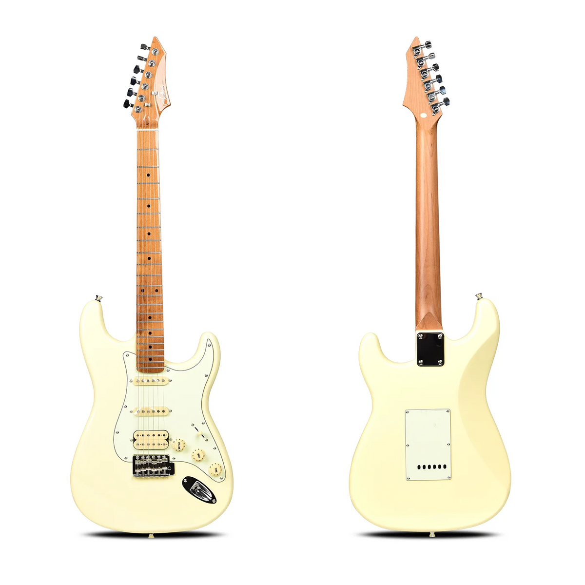 Guitarra eléctrica de estilo rock ST PRO 22, con trastes, pastillas Alnico 5 HSS, mástil de arce, cuerpo con acabado brillante, herrajes cromados, 6 cuerdas, ideal para guitarristas de rock.