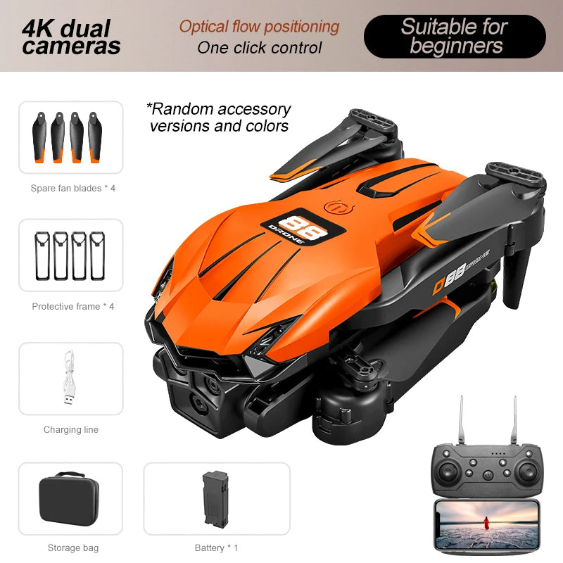 Dron RC naranja con kit de accesorios: hélices, marco protector y bolsa de transporte