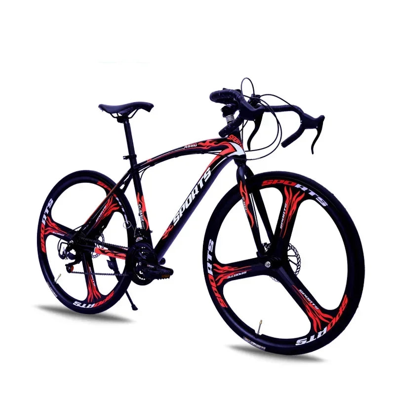 Bicicleta de carreras de 26 pulgadas con cuadro de acero al carbono, 21 velocidades, manubrio curvo, doble freno de disco y rines de 60 mm para adultos