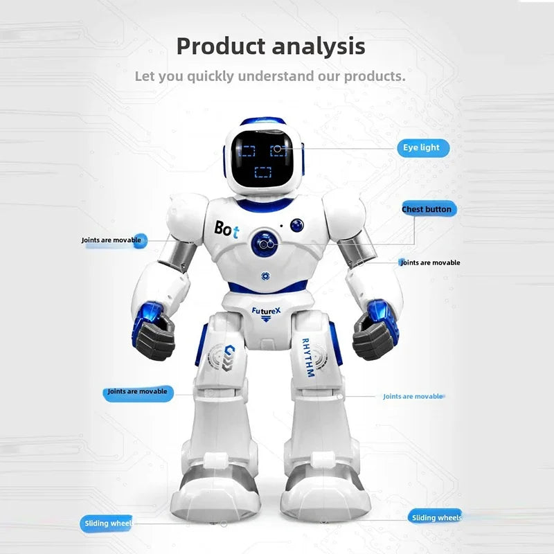 Robot educativo blanco y azul con pantalla en la cabeza y brazos articulados