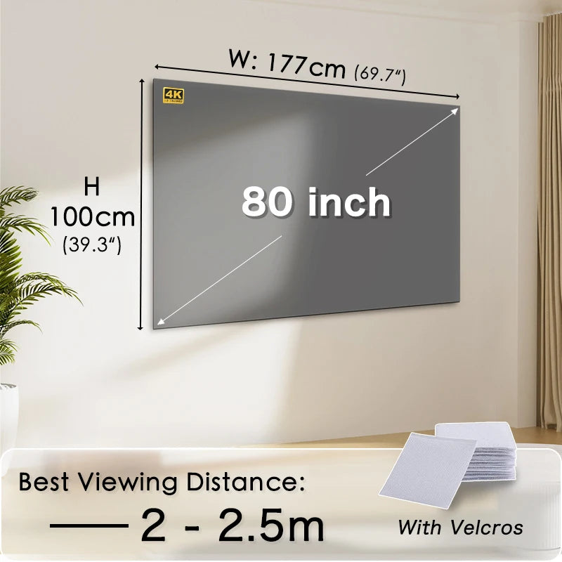Pantalla de proyector 16:9 de 80" con Velcros, marco negro y superficie gris