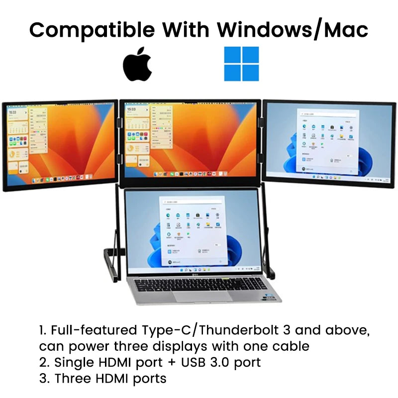Monitor Portátil Plegable de 18.5 Pulgadas con Tres Pantallas, 1920*1080P, 360° °   Pantalla Externa para Laptop/Windows/Mac/Trading Bursátil/Diseño