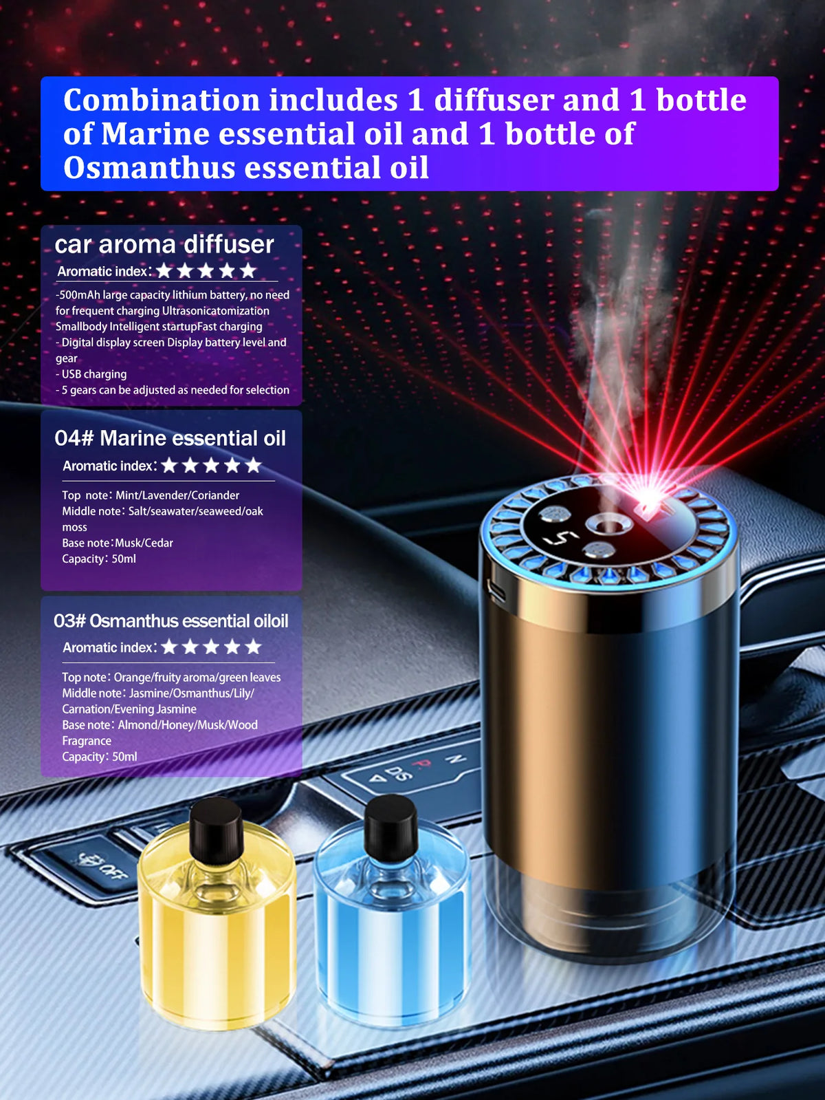 Difusor de aroma de coche recargable, aceite esencial aromático, luces coloridas, luces románticas de cielo estrellado, regalo de dormitorio