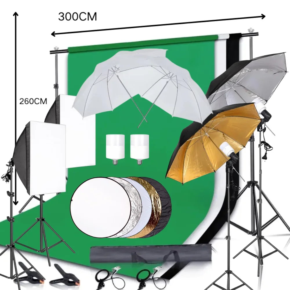 Kit de iluminación para fotografía, fondo fotográfico de 2,6x3M, fondos de muselina, Softbox, paraguas, Reflector y soporte de luz para estudio fotográfico