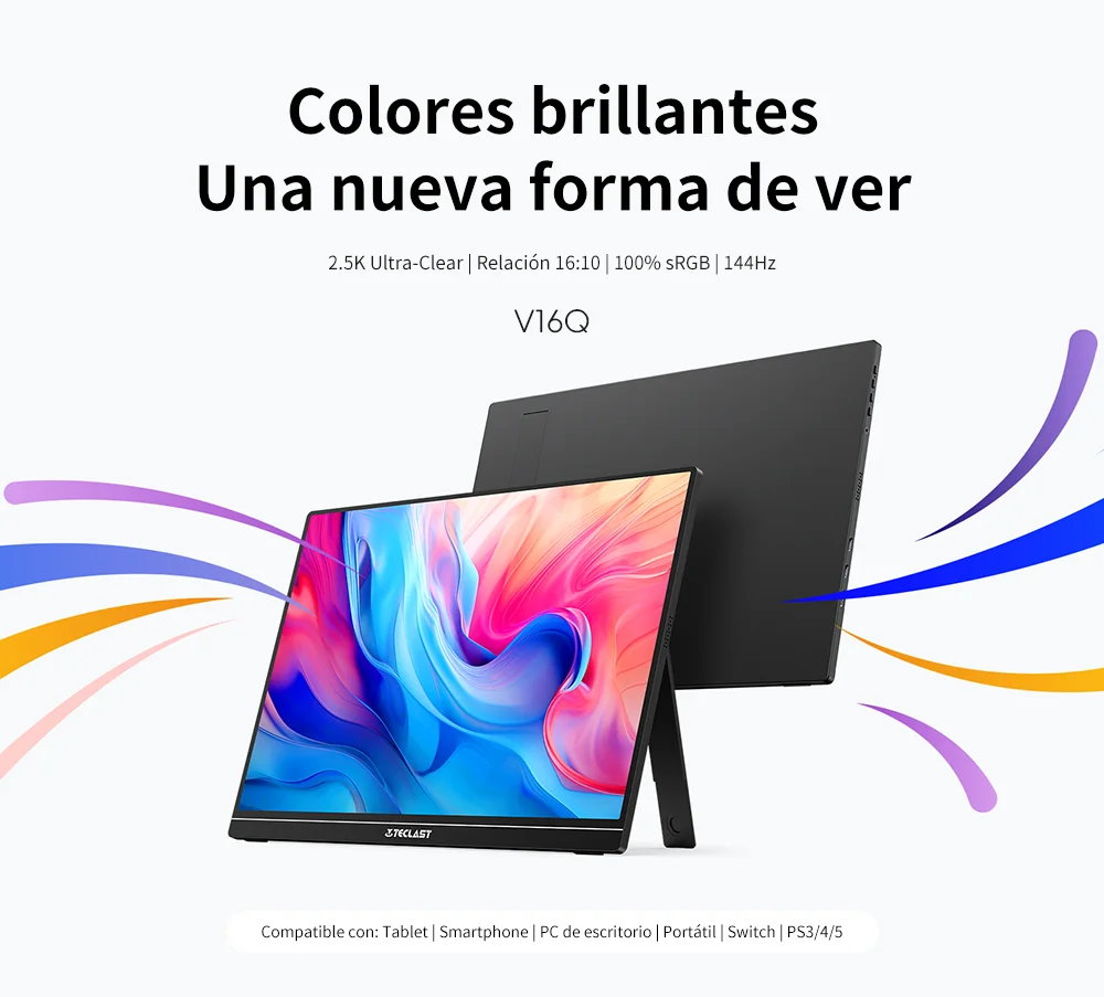 TECLAST V16Q Monitor portátil de 16 pulgadas 2.5K WQXGA 2560x1600 144Hz 16:10 USB-C Mini HDMI 490nits Ultra delgado con altavoces duales Pantalla externa para portátil, Mac, teléfono, trabajo desde casa, montaje