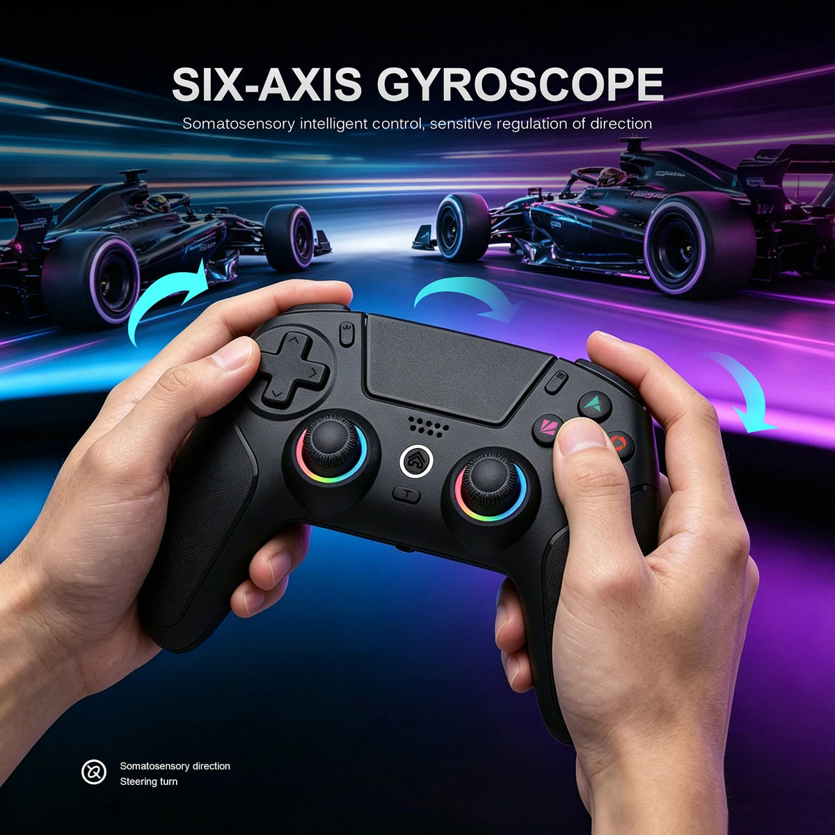 Mando negro en manos, con joysticks y botones en colores con efecto arcoíris