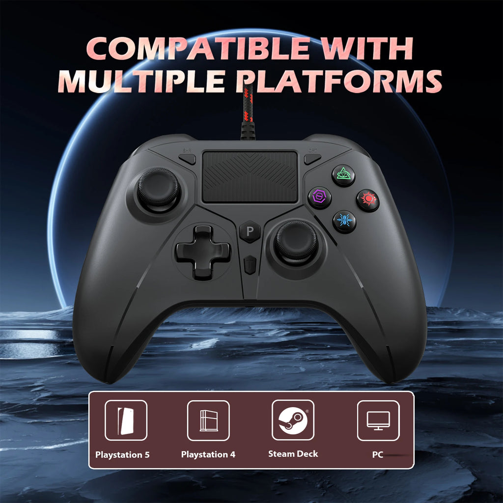 Mando con cable gris, vista frontal: sticks, cruceta y botones.