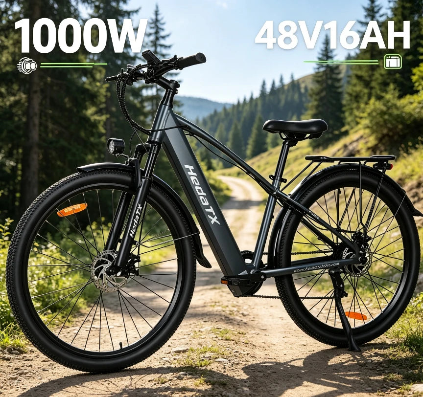 Bicicleta eléctrica TX1 de 29 pulgadas con cuadro de aluminio, motor de 1000W, batería oculta de 48V16AH, velocidad de 48 km/h, 7 velocidades, ideal para montaña, desplazamientos urbanos y uso familiar.